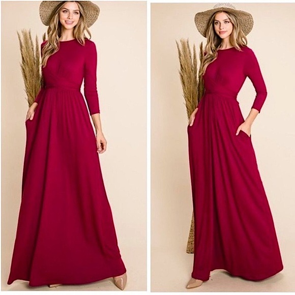 Burgundy Front Twist 3/4 Sleeve Boho Maxi Dress - Picture 2 of 2